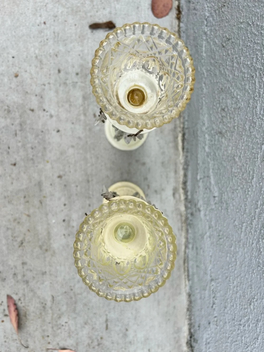 Vintage Pair Crystal Prism Candle Holders Pressed Glass Votive Cups Shabby Chic